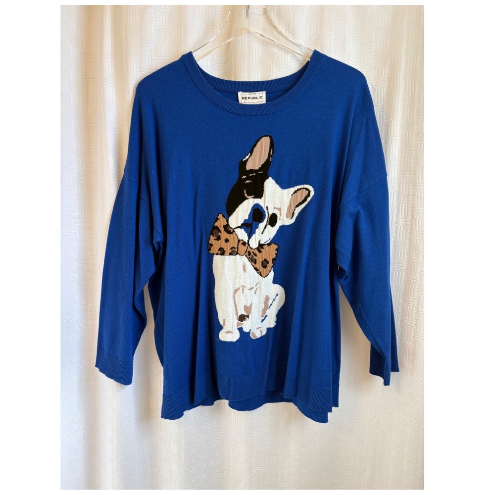For The Republic Woman Blue French‎ Bulldog Bow Tie Sweater Plus Size 2X NWT